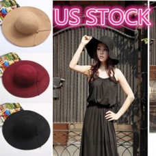 US Mujer Fashion Retro Floppy Wide Brim Wool Felt Bowler Beach Hat Sun Caps  eb-86133627